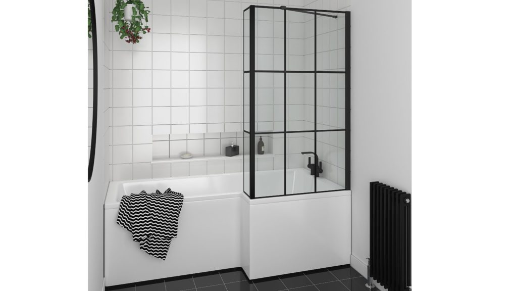 Essential Bathrooms | Matt black bath screen