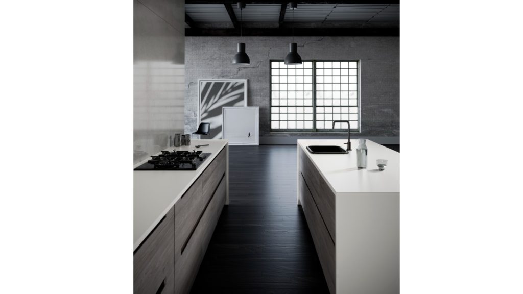 White kitchen with worktop and end panel with black appliances